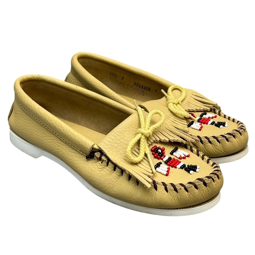 Minnetonka Thunderbird Tan Leather Beaded Fringe Slip On Loafer Moccasin Women 7